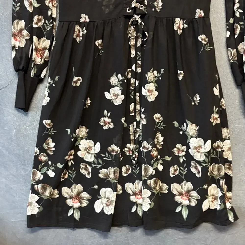 Ember Chic Floral Black Long Sleeve Dress Long Sleeve Sheer Gothy Witchy Midi